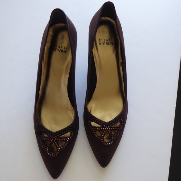 Stuart Weitzman Kitten Heel Brown Fabric Cut Out Beaded Design Pump US Size 8 - Picture 8 of 12